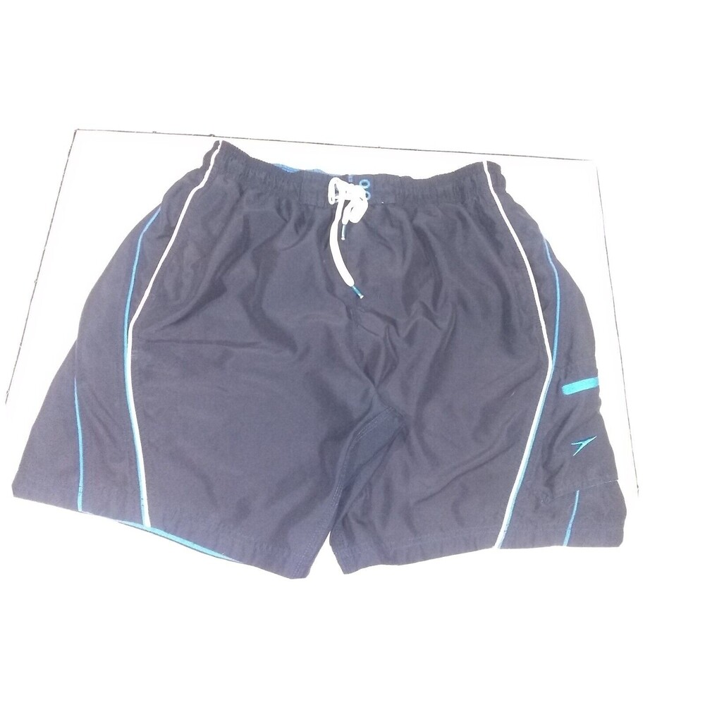 Speedo Swim Trunks Bathing Suit Black with Blue andWhite Trim Large Side Pocket